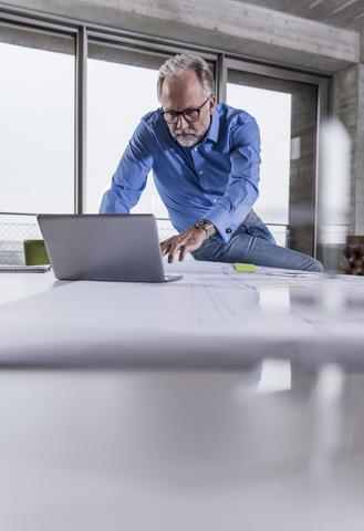 Mature businessman using laptop in conference room in office stock photo