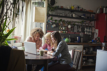 Smiling female friends using laptop at table by window - FSIF01027