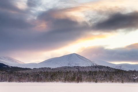 United Kingdom, Scotland, Highlands, Cairngorms National Park, Loch Morlich, sunset stock photo