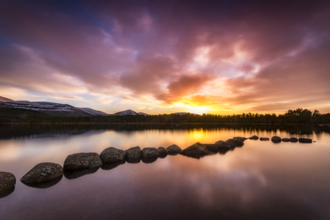 United Kingdom, Scotland, Highlands, Cairngorms National Park, Loch Morlich, sunset stock photo