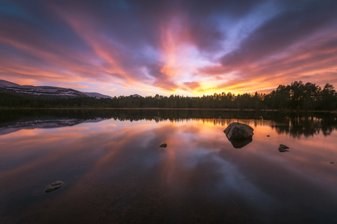 United Kingdom, Scotland, Highlands, Cairngorms National Park, Loch Morlich, sunset stock photo