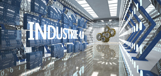 Industrie 4.0 mit Bytes und Zahnrädern im futuristischen Raum, 3D-Illustration - ALF00732