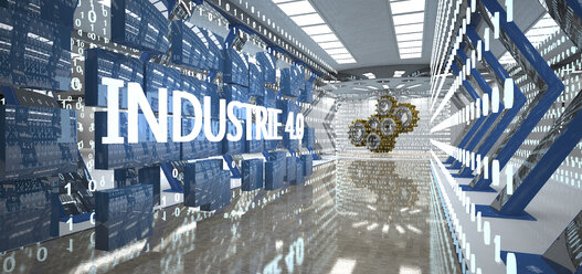 Industry 4.0 with bytes and gear wheels in the futuristic room, 3D Illustration - ALF00732