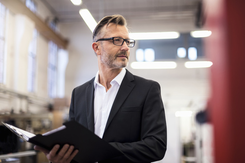 Mature businessman in factory holding folder stock photo