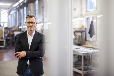 Portrait of smiling mature businessman in factory stock photo