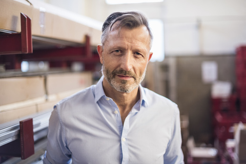 Portrait of confident mature businessman in factory storeroom stock photo