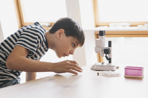 Neugieriger Junge betrachtet das Mikroskop auf dem Tisch im Haus, lizenzfreies Stockfoto