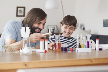 Father and son working on school science project at home - FSIF01439