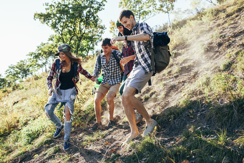 Niedriger Blickwinkel von Freunden beim Bergsteigen im Wald, lizenzfreies Stockfoto