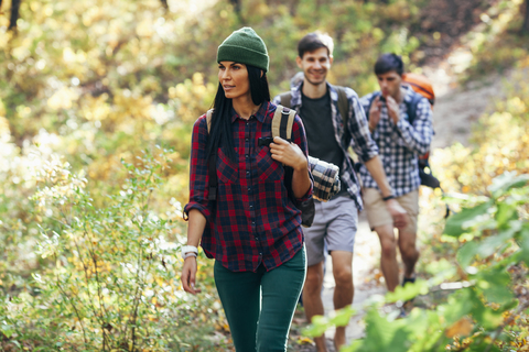 Junge Frau beim Wandern mit Freunden im Wald, lizenzfreies Stockfoto