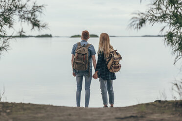 Rear view of couple holding hands while standing on lakeshore - FSIF01715