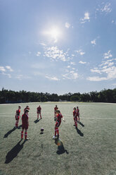 High angle view of team playing soccer on field during sunny day - FSIF01738