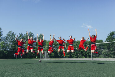 Happy soccer team cheering on field against sky - FSIF01742