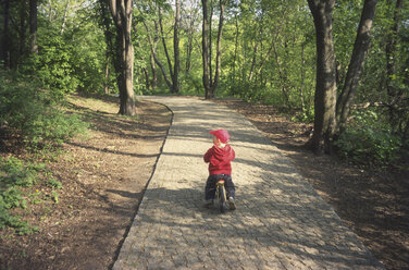 Ein Kind fährt auf einem Dreirad durch den Wald - FSIF02014