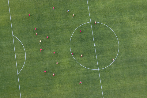 Aerial view of football match stock photo