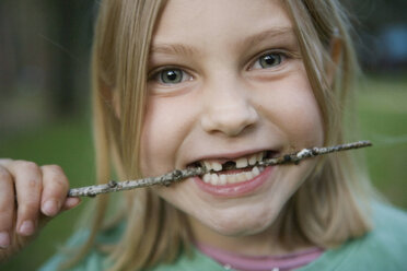 A young girl with a missing front tooth biting a stick - FSIF02450
