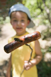 Ein kleiner Junge hält eine Brühwurst am Stock - FSIF02454