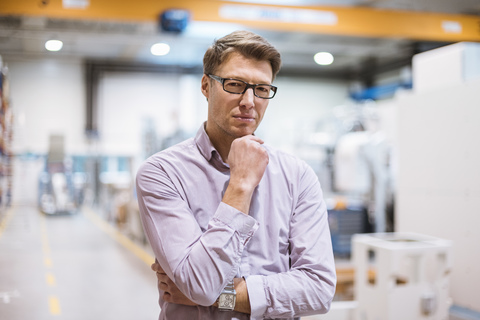 Porträt eines seriösen Geschäftsmannes in einer Fabrik, lizenzfreies Stockfoto