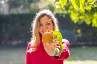 Junge Frau hält Mandarine in einem Garten - AFVF00193