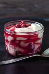 Glass of vanilla custard with raspberries on dark ground - CSF28964