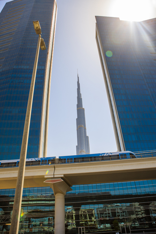 United Arab Emirates, Dubai, Burj Khalifa and elevated railway stock photo