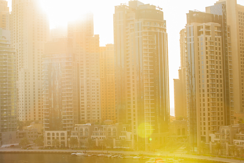 United Arab Emirates, Dubai, Dubai Marina and sun light stock photo