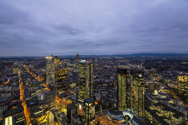 Germany, Frankfurt, View from Maintower to financial district, blue hour - FOF09839