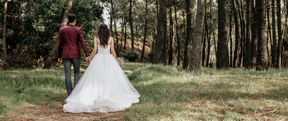 Rückansicht von Braut und Bräutigam, die im Wald spazieren gehen - DAPF00893