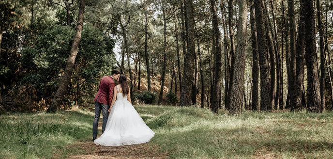 Rückansicht von Braut und Bräutigam, die sich im Wald küssen - DAPF00894