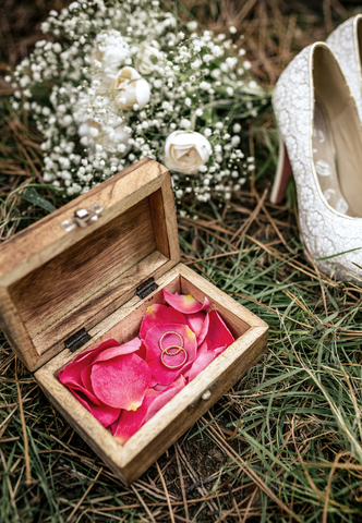 Close-up of wedding rings over red flower petals inside a casket in grass stock photo