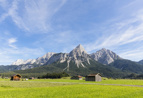 Austria, Tyrol, Lermoos, Ehrwalder Becken, View to Ehrwalder Sonnenspitze, Gruenstein, Ehrwald, Mieminger Kette stock photo