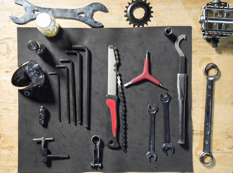 Overhead view of bicycle tool set stock photo