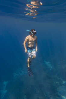 Mann mit Flossen und Schnorchel taucht unter Wasser - KNTF01026