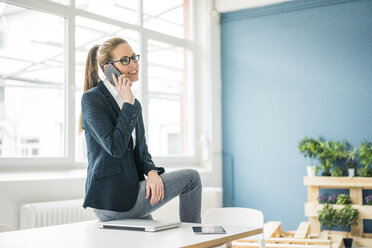 Businesswoman working from home, talking on the phone - MOEF00919