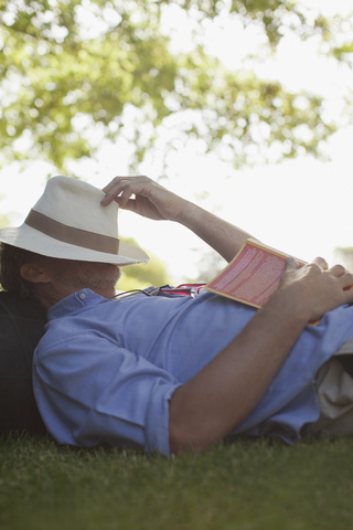 Man napping in grass with book and hat covering face stock photo