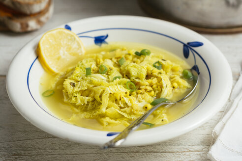 Lemony savoy cabbage and barley soup, savoy cabbage, barley, onion, vegetable bouillon, parsley, chives, lemon juice, garnished with lemon slice - HAWF00991