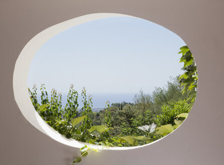 Blick auf den Garten durch ein ovales Fenster - CAIF00640