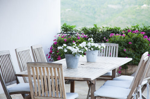 Topfblumen auf dem Terrassentisch - CAIF00648