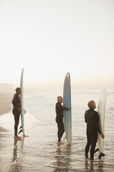 Ältere Surfer halten Bretter am Strand - CAIF00877