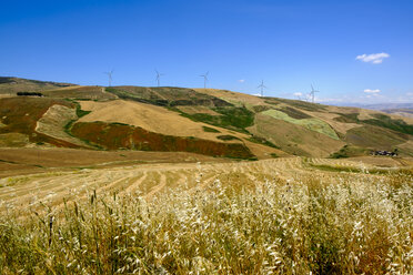 Italien, Sizilien, bei Corleone, Getreidefelder und Windräder - LBF01813