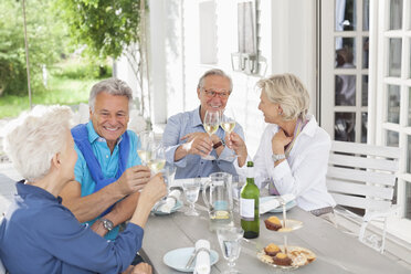 Freunde stoßen miteinander mit Wein im Freien an - CAIF01460