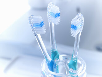 Close up of toothbrushes in holder - CAIF02073