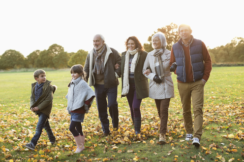 Familie geht gemeinsam im Park spazieren, lizenzfreies Stockfoto