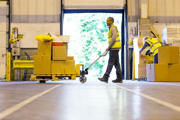 Worker carting boxes in warehouse - CAIF02840