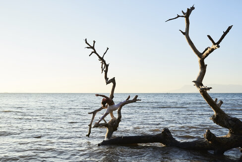 Junge Frau übt Yoga auf einem umgestürzten Baum im Meer - IGGF00443