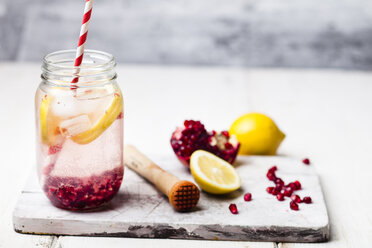 Fruit infused water with lemon slices, crushed pomegranate seeds and sparkling water - SBDF03474