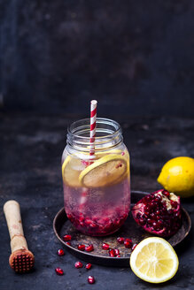 Fruchtwasser mit Zitronenscheiben, zerstoßenen Granatapfelkernen und Sprudelwasser - SBDF03475