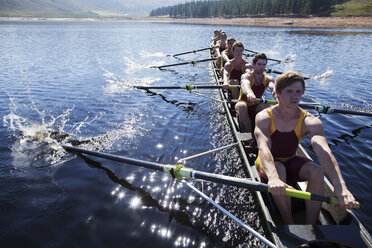 Rowing team rowing scull on lake - CAIF03238