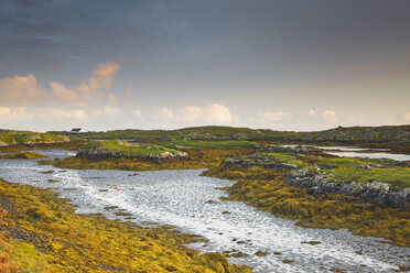 Ruhige Aussicht auf zerklüftete Felsen und Wasser, Harris, Äußere Hebriden - CAIF04136