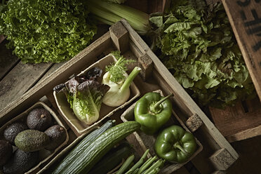 Still life fresh, organic, green, healthy vegetable variety in wood crate - CAIF04180